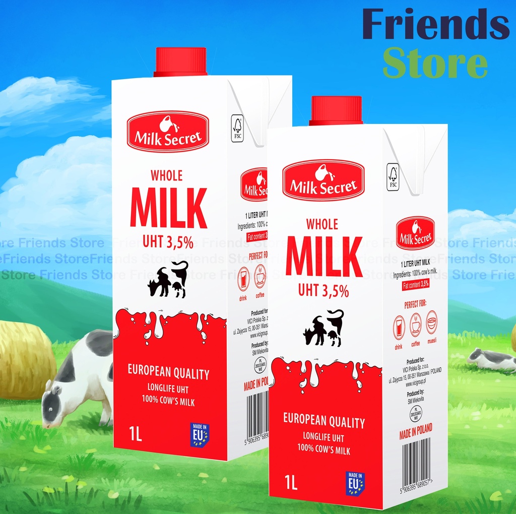Milk Secret - 超高溫處理 全脂牛奶 3.5% (1公升 X 2)最佳飲用日期：2025年7月12日或之後