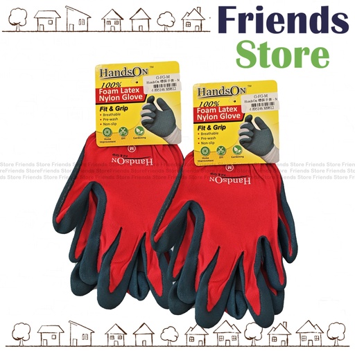 [GFGM2] HandsON - 100% Foam Latex Nylon Glove 309812   (Red / size M) X 2